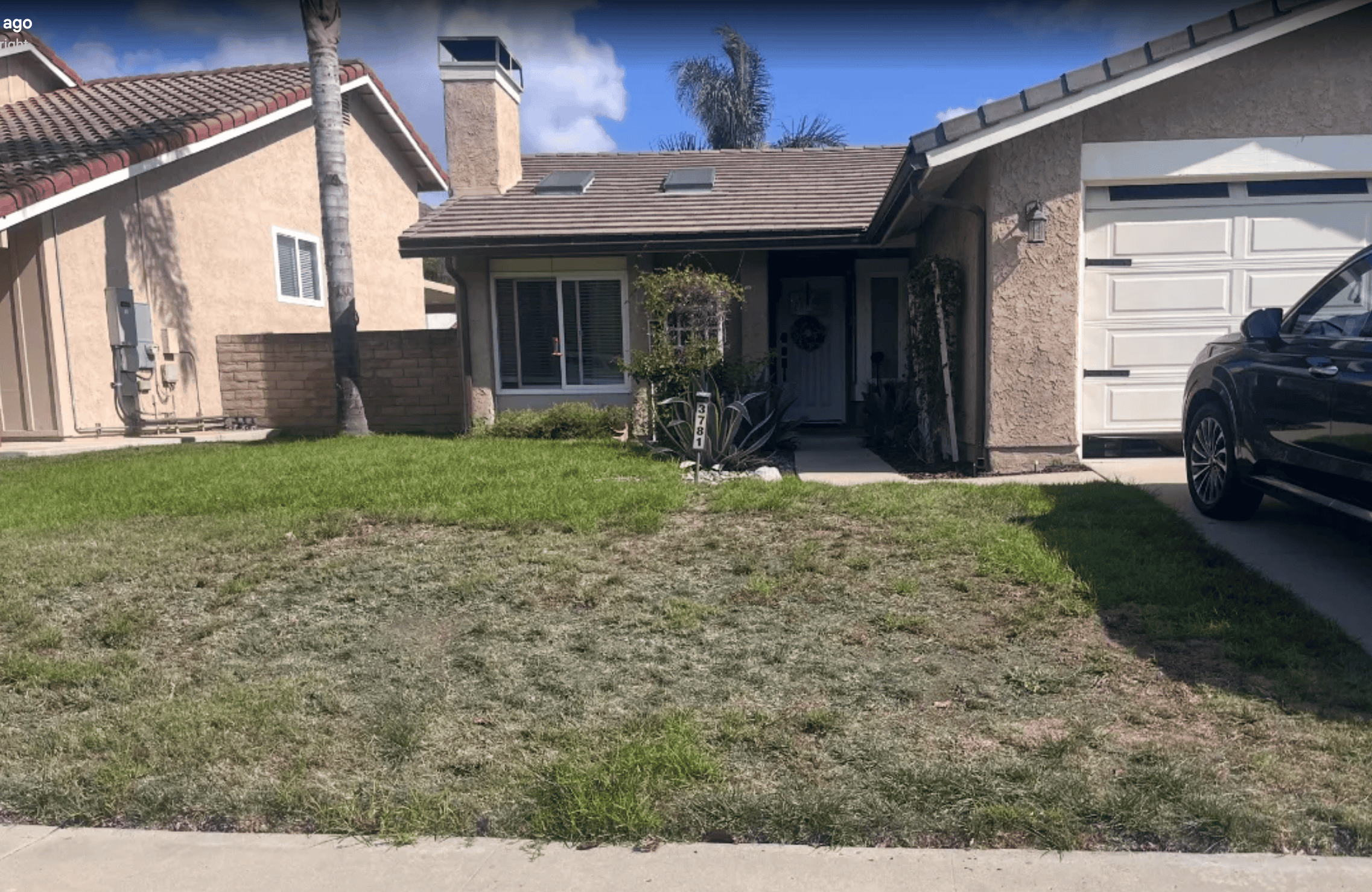Front yard with a worn natural lawn before the remodel