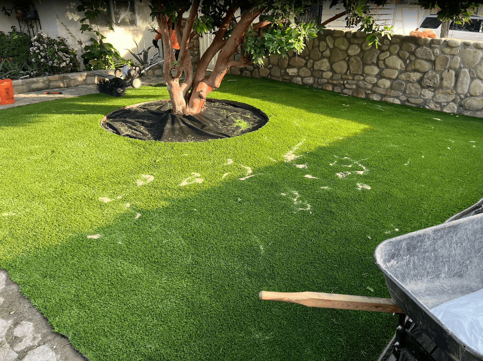 Backyard after remodel with a paver patio beside new artificial turf